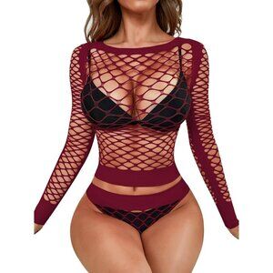 🆕Women Wine Red Fishnet Mesh Babydoll Bodysuit Lingerie Long Sleeve See Through
